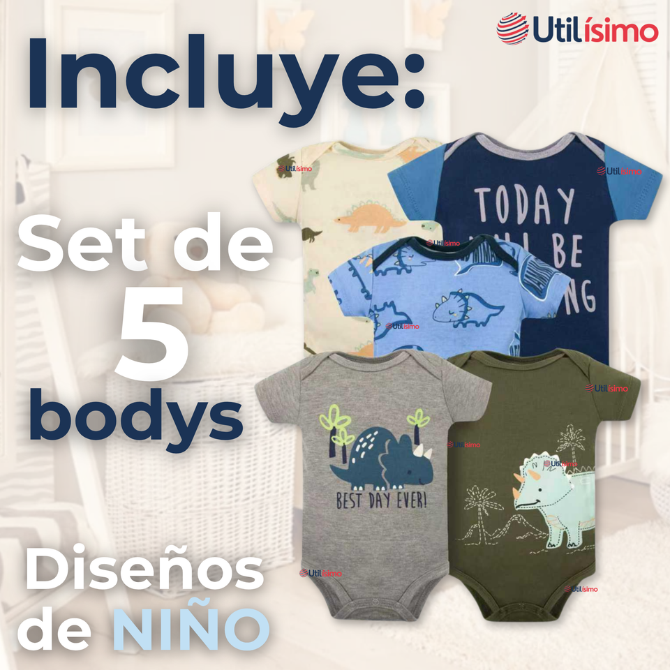 Pack 5 Bodys Niño Manga Corta Tedmimak 100% Algodón Mini Dino Squad