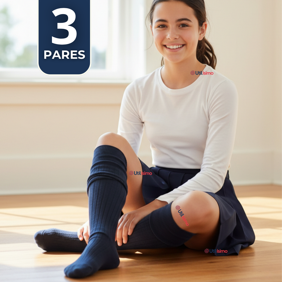 Pack 3 Bucaneras Escolares Calcetines Acrílico Azul Premium Niña y Juvenil