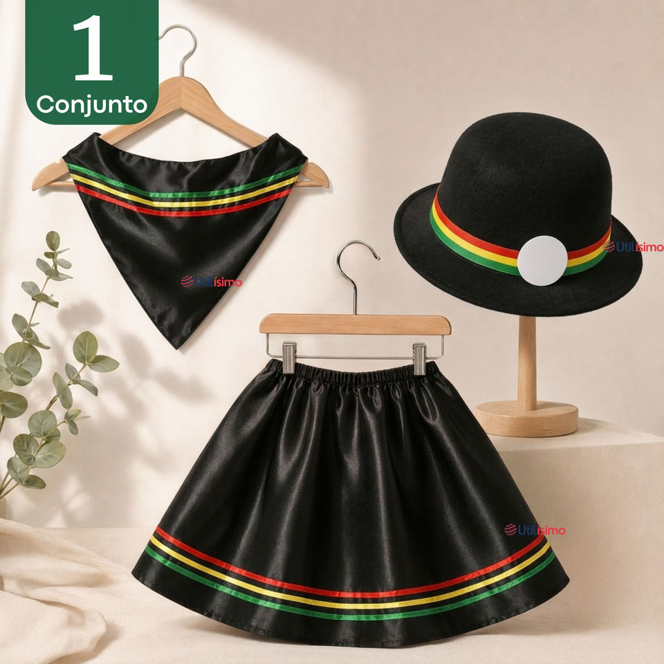 Traje Nortino Niña 3 piezas Negro Baile Típico Fiestas Patrias