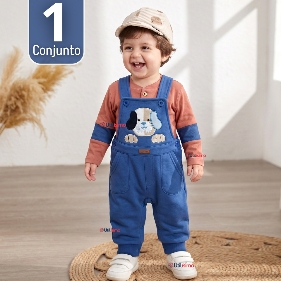 Conjunto 2 Piezas Jardinera Polera Manga Larga 100% Algodón Bebé Niño Jumper Tedmimak Adorable Puppy