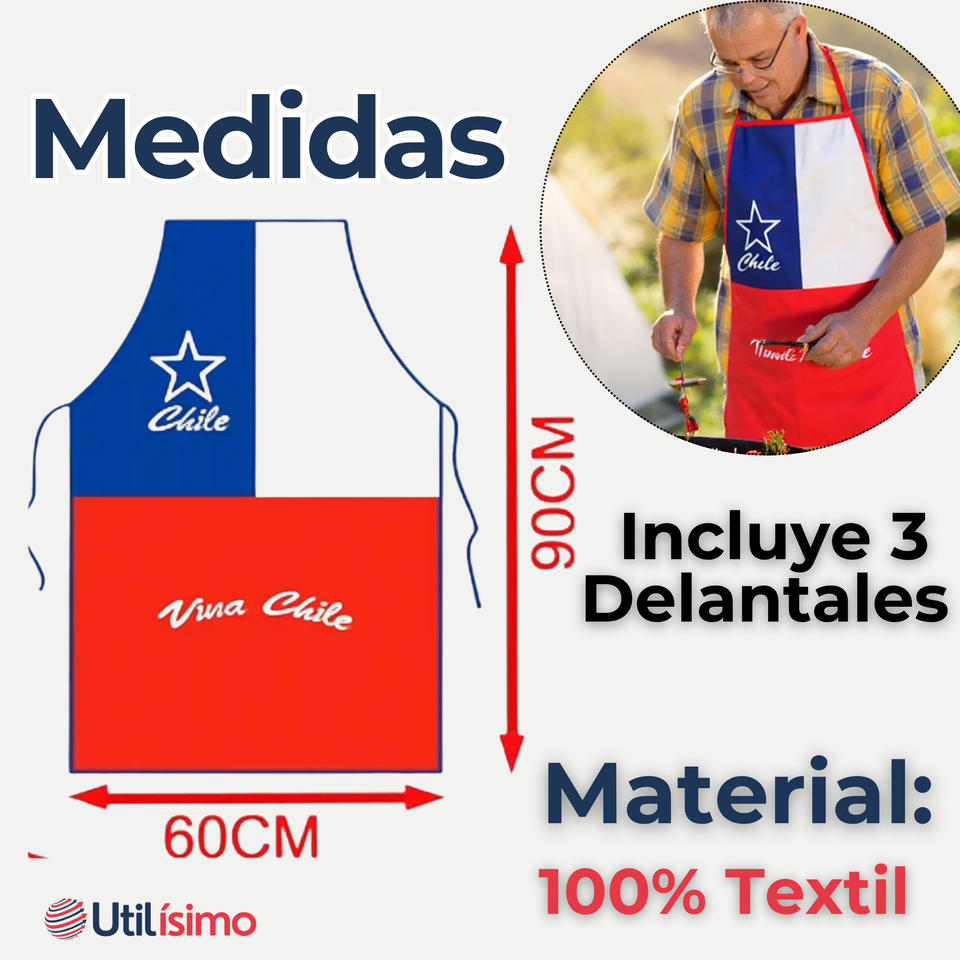 Pack 3 Delantal Cocina Fiestas Patrias Bandera Chilena 60X90 CM Viva Chile