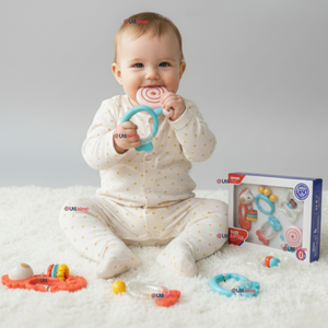 Set 4 Sonajeros Y 1 Mordedor Juguetes Sensoriales Montessori Multicolor Bebé Niño Niña