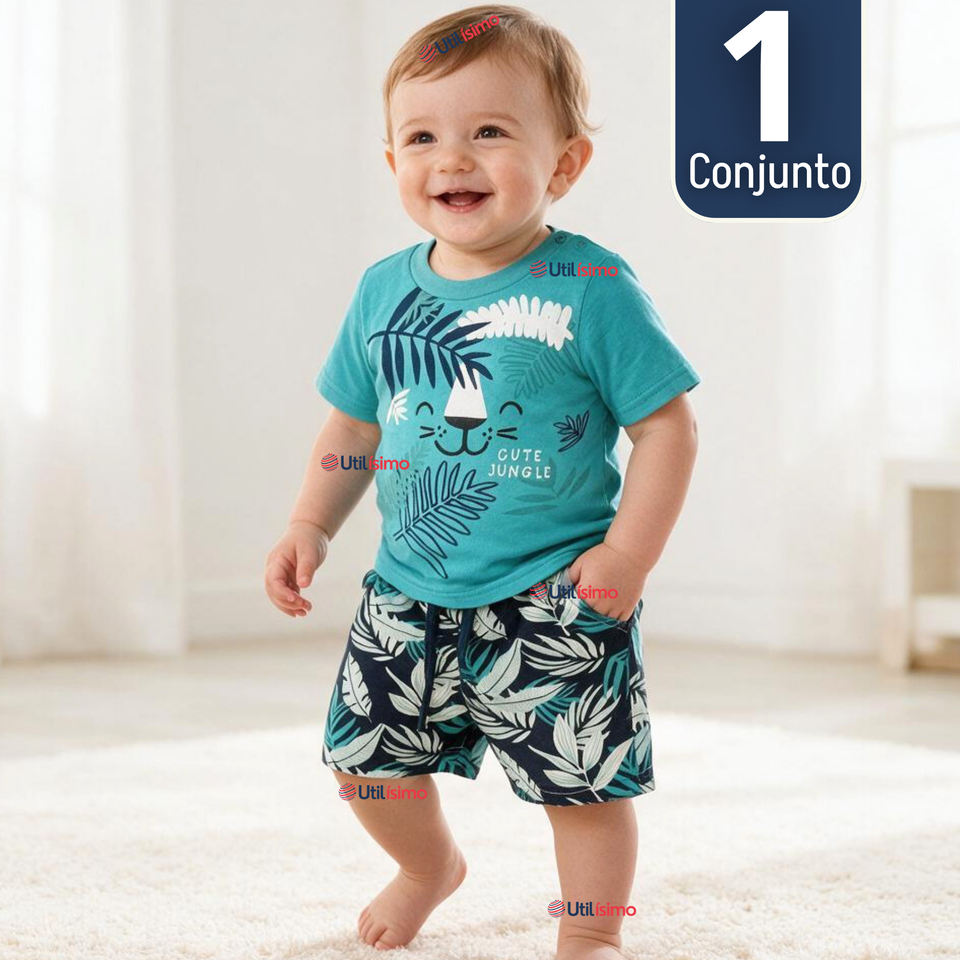 Conjunto 2 Piezas Camiseta y Short 100% Algodón Bebé Niño Tropical Blue