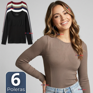 Pack 6 Camisetas Poleras Polar Primera Capa Acanalada Reductora Manga Larga Colores Surtidos Mujer