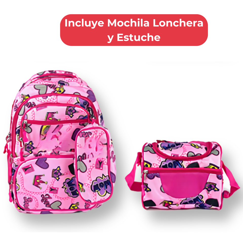 Mochila Con Lonchera Y Estuche 45CM Diseños Variados Niña