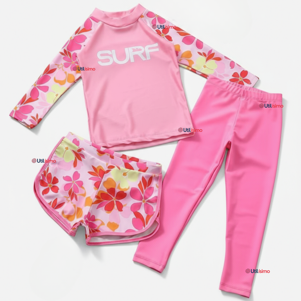 Traje de Baño Manga Larga Pantalón Largo Pantalón Corto 3 Piezas Corte Split Niña 3 a 11 años Pink Flowers