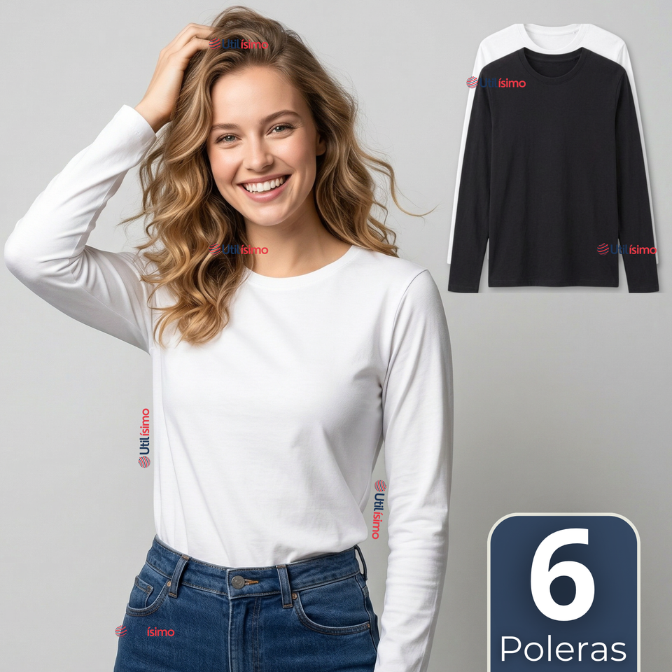 Pack 6 Camisetas Poleras Polar Primera Capa Manga Larga Colores Surtidos Mujer