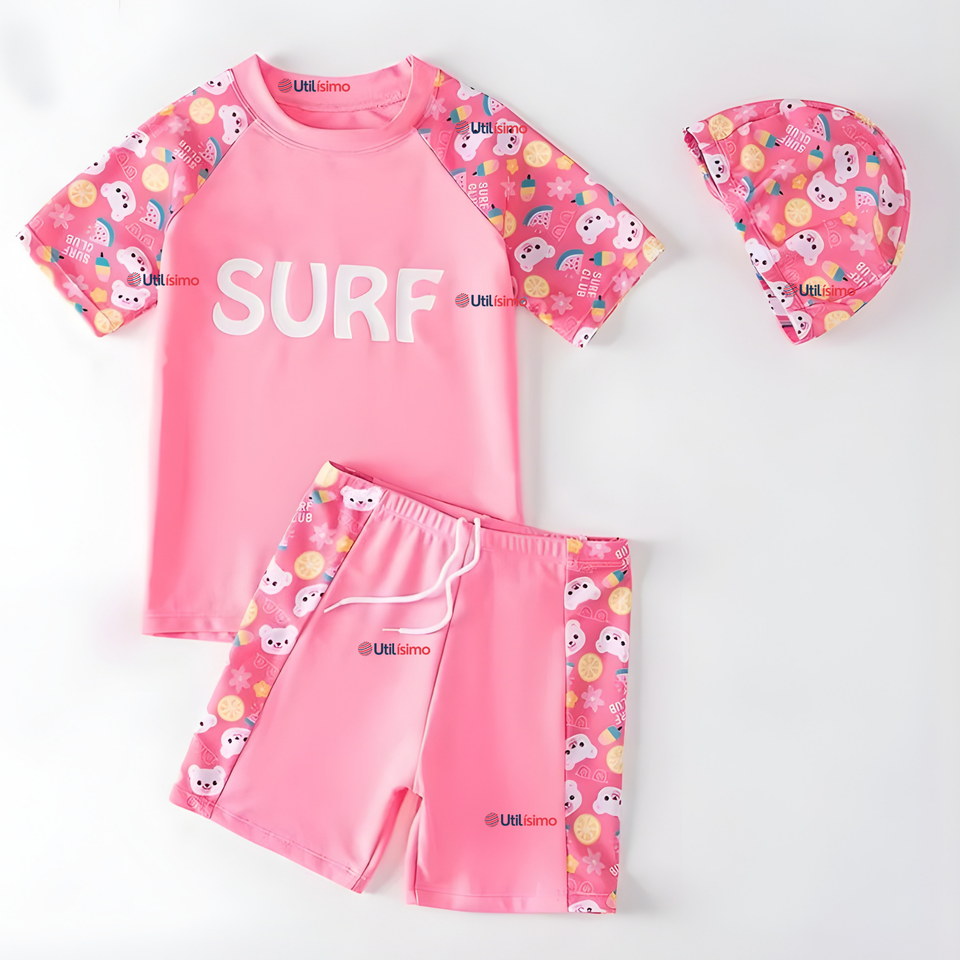 Traje De Baño Niña 4 a 14 Años Con Gorro Pantalón Corto Manga Corta 3 Piezas Surf