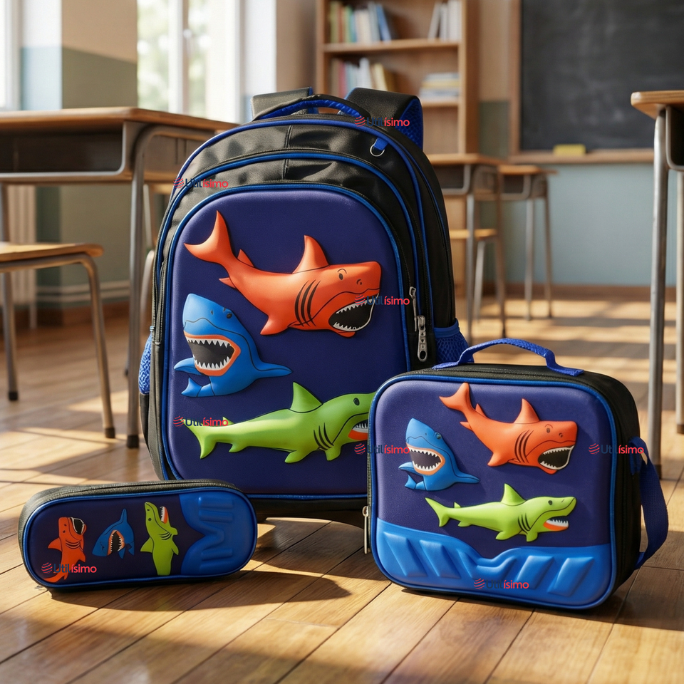 Mochila Escolar Con Ruedas + Estuche + Lonchera 46cm Desmontable Poliéster Azul Tiburón Niño