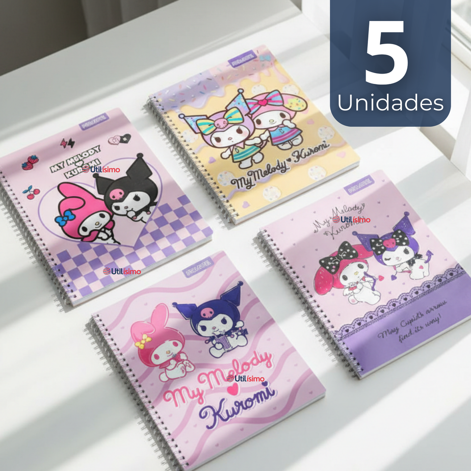 Pack 5 Cuadernos Universitario My Melody & Kuromi Proarte 7mm 100 Hojas Diseños Surtidos