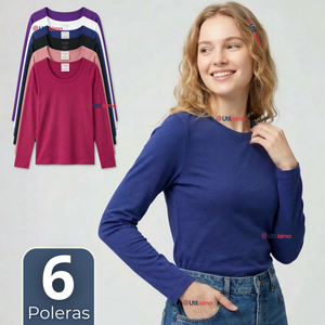 Pack 6 Camisetas Poleras Polar Primera Capa Manga Larga Colores Surtidos Mujer