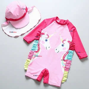 Traje de Baño Enterito Cremallera Manga Larga Con Gorro Niña 1 a 5 años Pink Unicorn