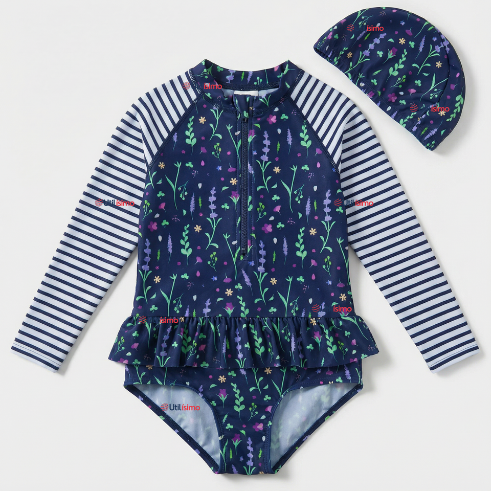 Traje de Baño Enterito Cremallera Manga Larga Con Gorro Niña 1 a 8 años Blue Flowers