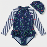 Traje de Baño Enterito Cremallera Manga Larga Con Gorro Niña 1 a 8 años Blue Flowers