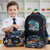Mochila Escolar Kit Con Estuche y Lonchera 43cm Tela Oxford Dino Niño