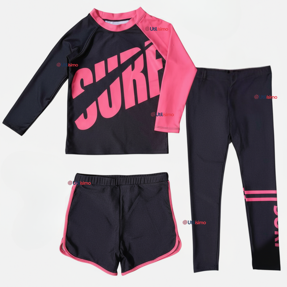 Traje de Baño Manga Larga Pantalón Largo Pantalón Corto 3 Piezas Corte Split Niña 3 a 11 años Black Surf