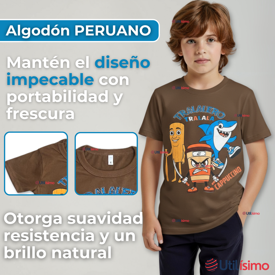 Polera Brainrots 100% Algodón Manga Corta Niño Tralalero Marrón