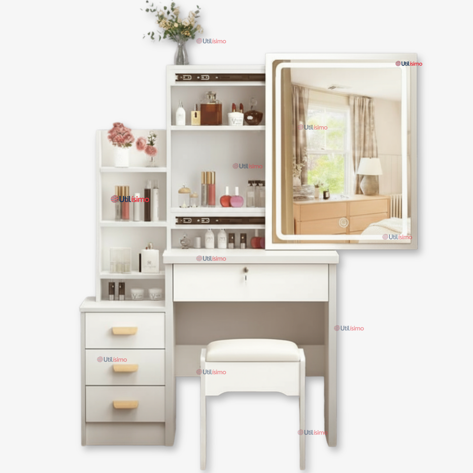 Tocador Y Taburete De Lujo Espejo Ajustable Con Luz Integrada 4 Cajones MDF Blanco 80x40x135cm