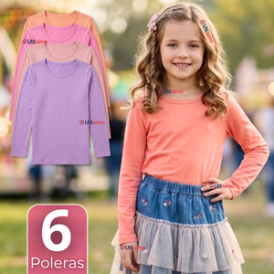Pack 6 Camisetas Poleras Bambú Cuello Redondo Primera Capa Manga Larga Colores Surtido Niña