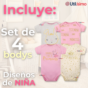 Pack 4 Bodys Niña Manga Corta Tedmimak 100% Algodón Sparkle Like a Princess