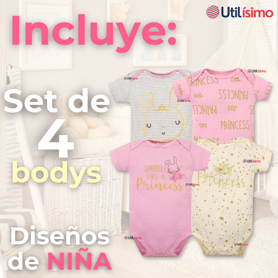 Pack 4 Bodys Niña Manga Corta Tedmimak 100% Algodón Sparkle Like a Princess