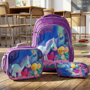 Mochila Escolar Con Ruedas + Estuche + Lonchera 46cm Desmontable Poliéster Morado Unicornio Niña