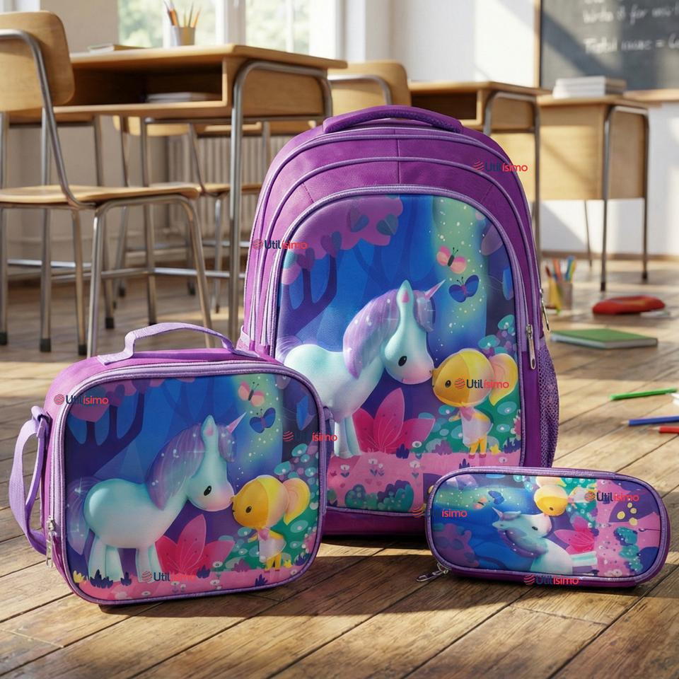 Mochila Escolar Con Ruedas + Estuche + Lonchera 46cm Desmontable Poliéster Morado Unicornio Niña
