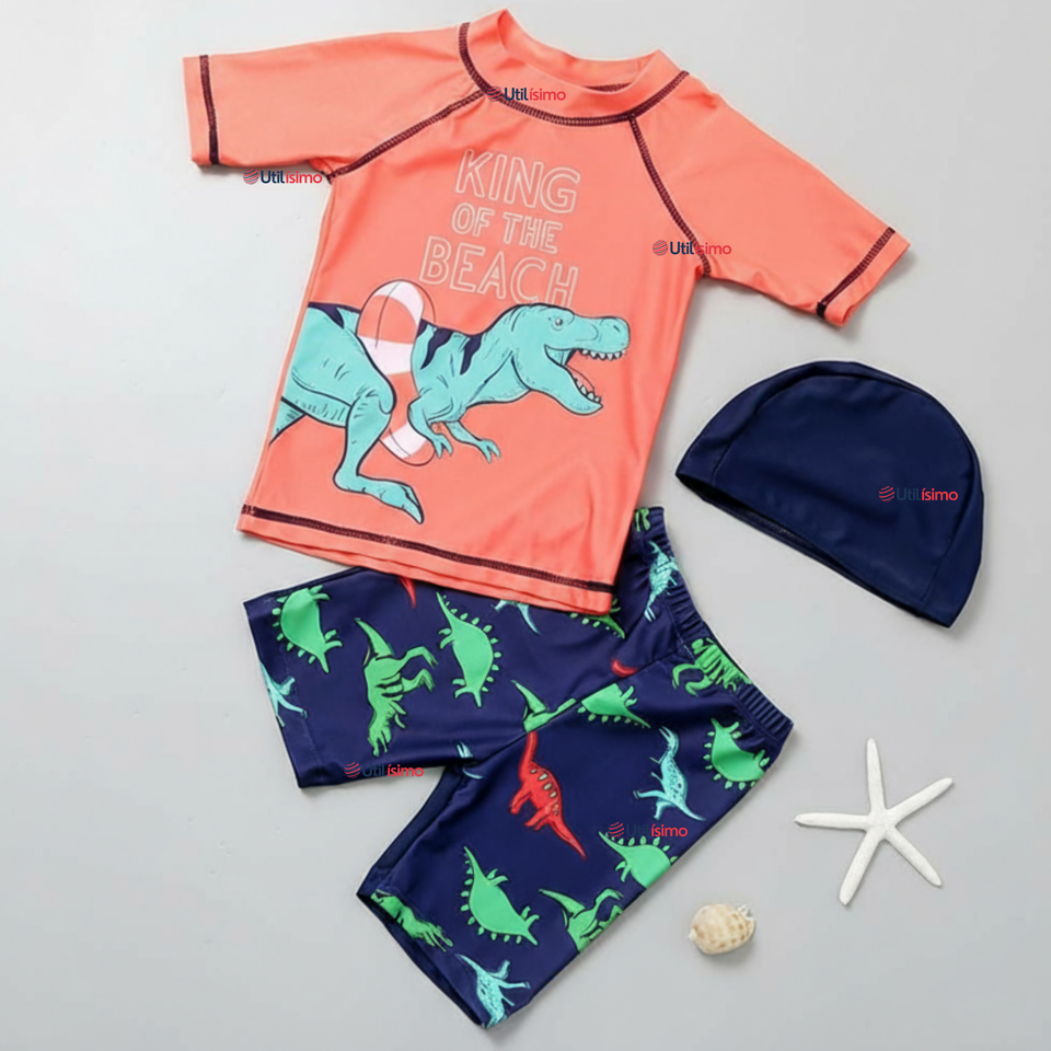 Traje De Baño Con Gorro Polera Pantalón Corto 3 piezas Corte Split Niño de 3 a 9 Años Dino