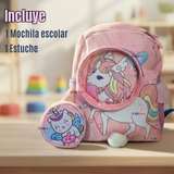 Mochila Escolar Con Estuche 33cm Poliéster Impermeable Unicornio Niña