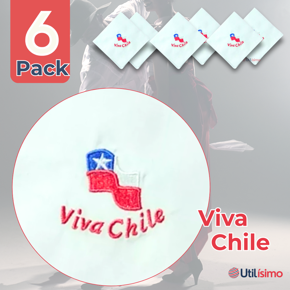 Pack 6 Pañuelos Baile Cueca 36 CM Bordado Viva Chile Baile Fiestas Patrias