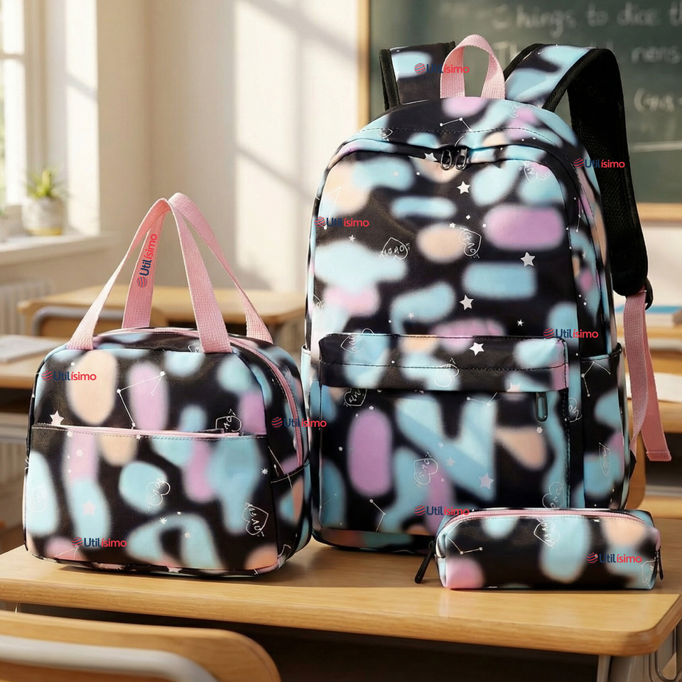 Mochila Escolar + Estuche + Lonchera 43cm Tela Oxford Azul Celeste Niña