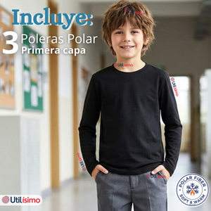 Pack 3 Poleras Camisetas Polar Negra Primera Capa Escolar Cuello Redondo Manga Larga Niño