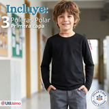 Pack 3 Poleras Camisetas Polar Negra Primera Capa Escolar Cuello Redondo Manga Larga Niño
