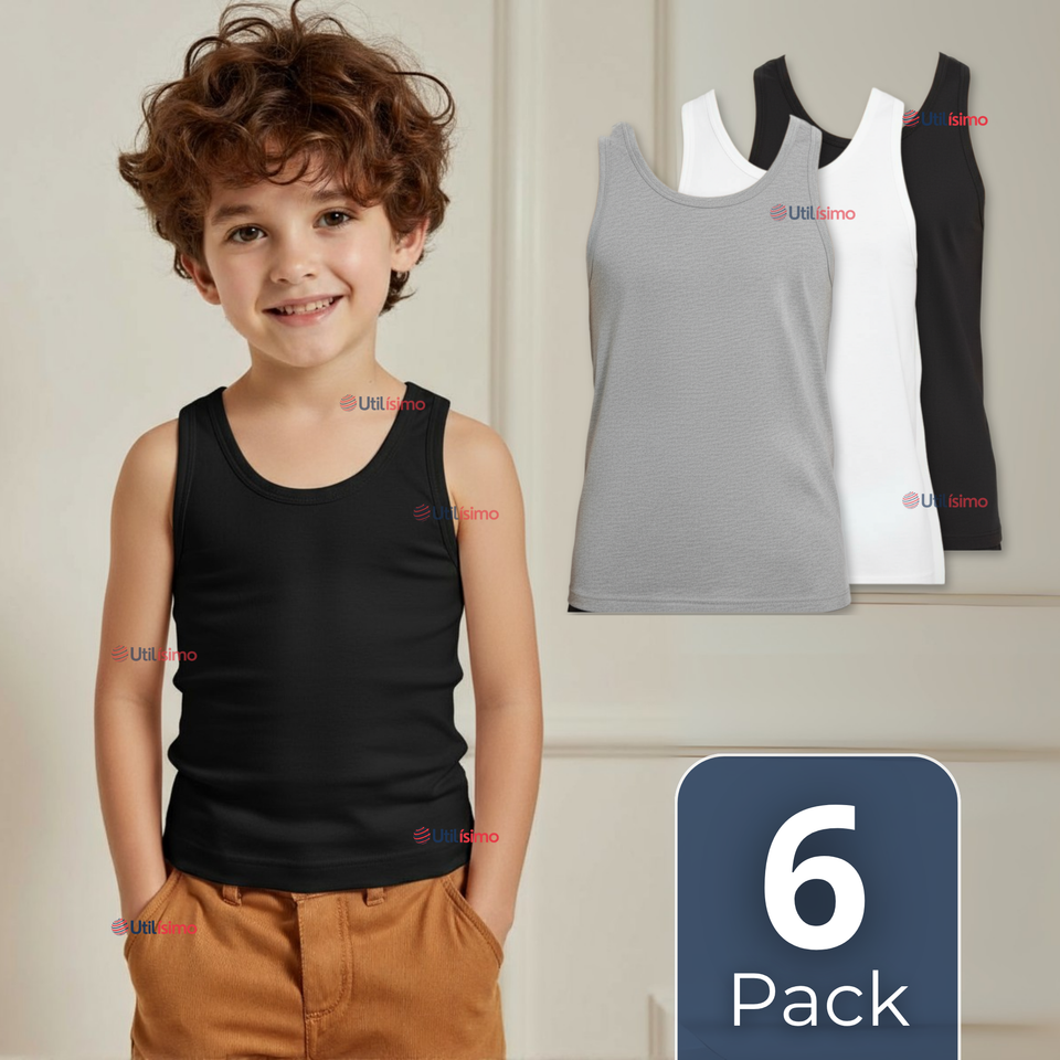 Pack 6 Camisetas Sin Manga Básica Suave 100% Algodón Colores Surtidos Niño