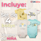 Pack 4 Bodys Niña Manga Corta Tedmimak 100% Algodón Little bee