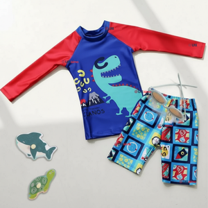 Traje de Baño Manga Larga Pantalón Corto 2 Piezas Corte Split Niño 3 a 9 años Blue Dinosaur
