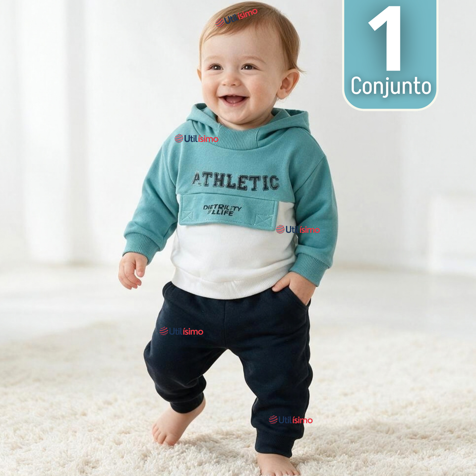 Conjunto 2 Piezas Polerón con Capucha y Pantalón 100% Algodón Bebé Niño Athletic Blue