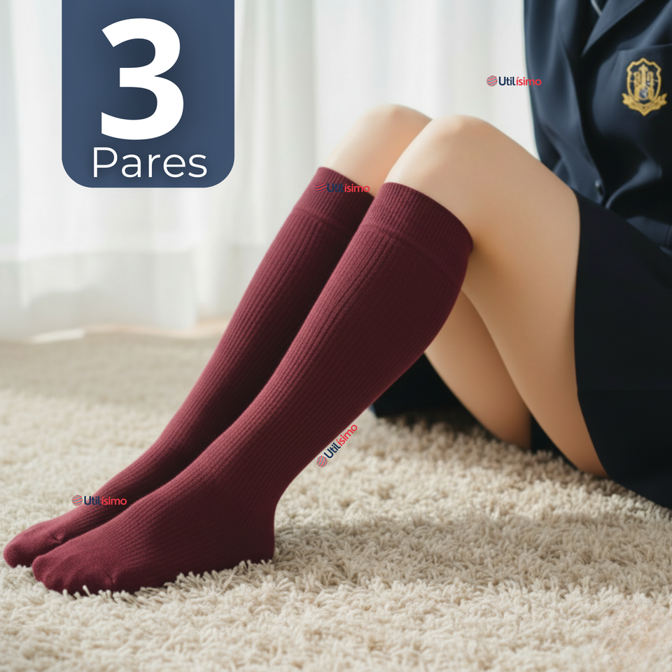 Pack 3 Calcetínes Escolares Largo Acrílico Burdeo Niñas Juvenil Color Vino