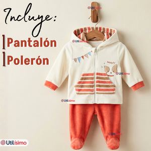 Conjunto 2 Piezas Buzo Pantalón Y Polerón Con Capucha Tela Plush Bebé Niño