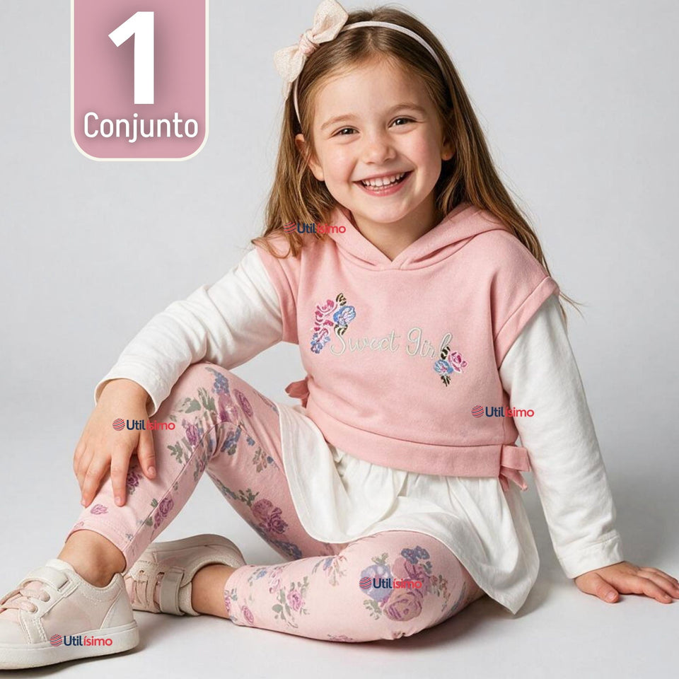 Conjunto 2 Piezas Polerón con Capucha y Pantalón 100% Algodón Niña Tedmimak Sweet flowers