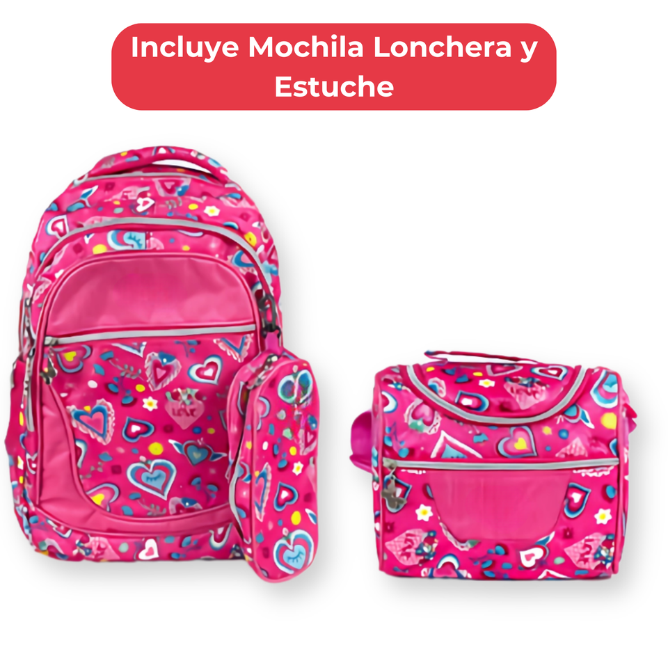 Mochila Con Lonchera Y Estuche 45CM Diseño Estampado Niña