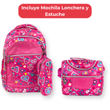 Mochila Con Lonchera Y Estuche 45CM Diseño Estampado Niña