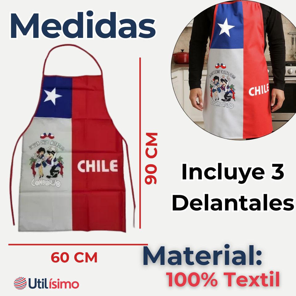 Pack 3 Delantal Cocina Chile Fiestas Patrias Bandera Chilena 60X90 CM Condorito