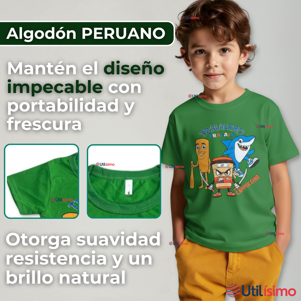 Polera Brainrots 100% Algodón Manga Corta Niño Tralalero Verde