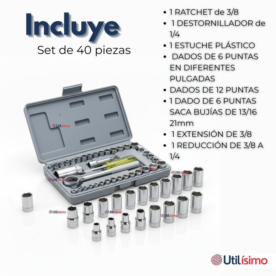 Juego Dados 40 Piezas 1/4 y 3/8 Chicharra para Bicicleta Moto Auto