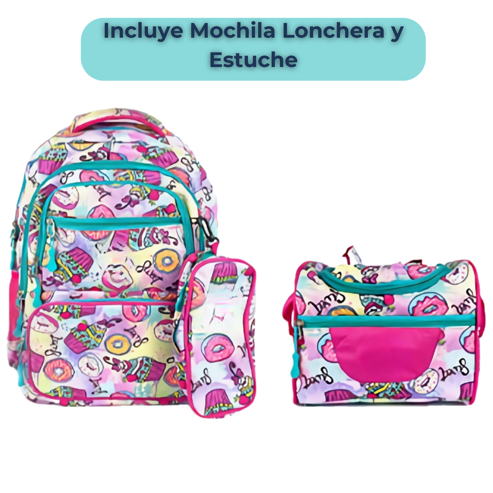 Mochila Con Lonchera Y Estuche 45CM Diseños Variados Niña