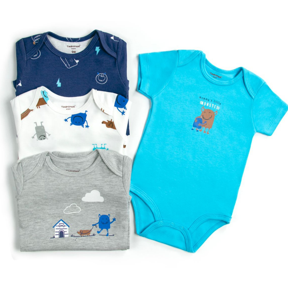 Pack 4 Unidades Extensor Body Bebé +Pack 4 Bodys Algodón Niño Manga Corta Blue Monster