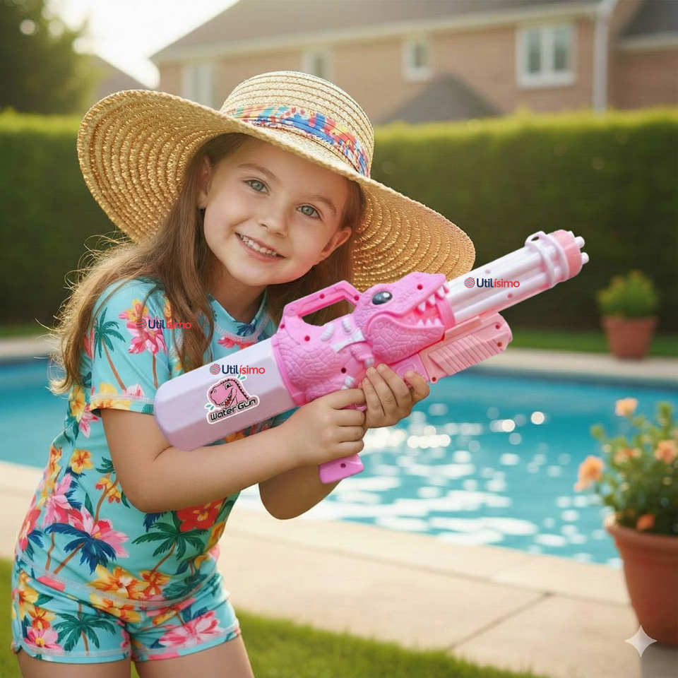 Pistola Lanza Agua Dinosaurio Color Rosado Juguete 40cm Niña