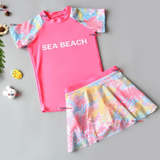 Traje De Baño Manga Corta y Pantalón Corto Con Falda 2 Piezas Niña de 6 a 13 Años Pink Beach