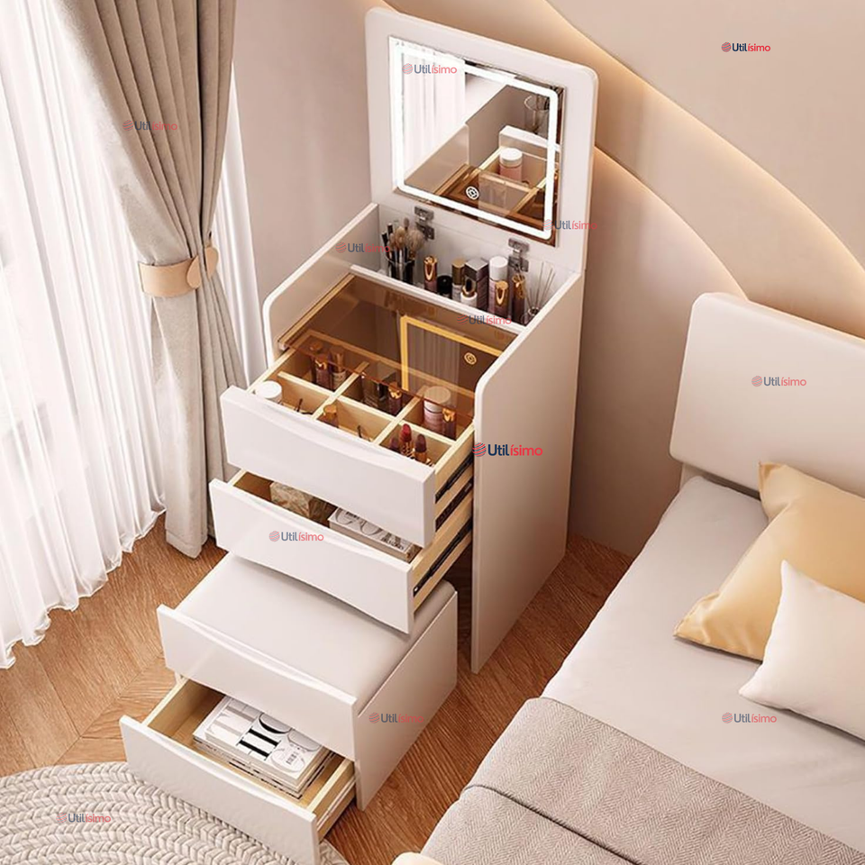 Tocador De Lujo Plegable Con Taburete Y Espejo De luz Ajustable 4 Cajones MDF Blanco  80x40x40cm